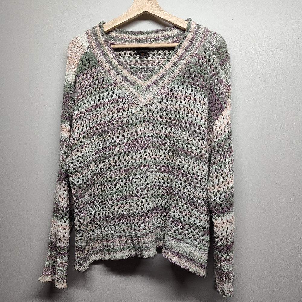 Mod Lusive Crochet Sweater Women Size XL Pink Green Open Knit Boho Grunge Fall
